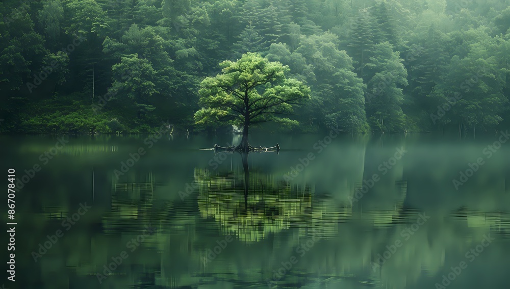 Solitary Tree on Tranquil Lake. Serene Nature and Forest Reflection Solitary Tree on Tranquil Lake. Serene Nature and Forest Reflection