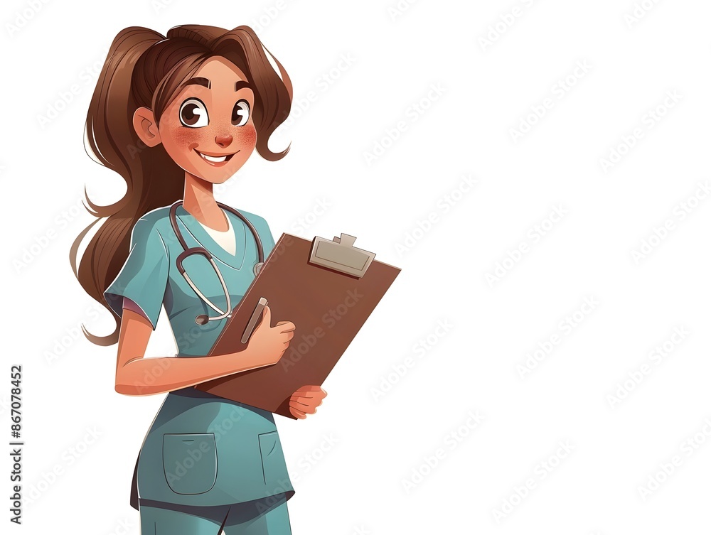 Friendly Cartoon Nurse Holding Clipboard in Medical Uniform Friendly Cartoon Nurse Holding Clipboard in Medical Uniform
