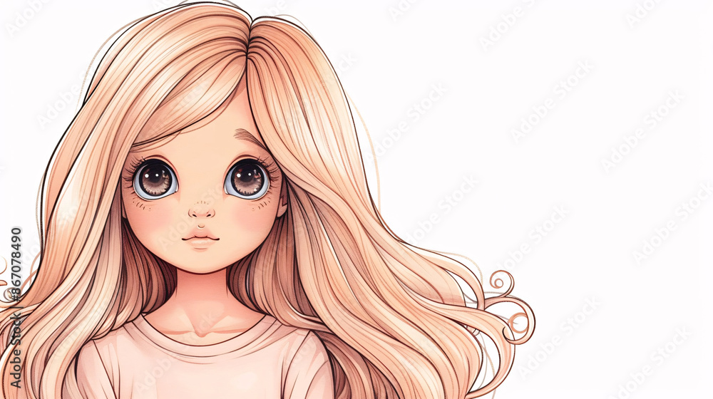 Hand-drawn kawaii doll with long hair, posing fashionably, isolated on white Hand-drawn kawaii doll with long hair, posing fashionably, isolated on white