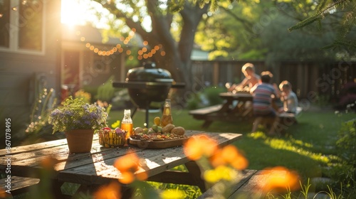 A family is enjoying a barbecue in their backyard