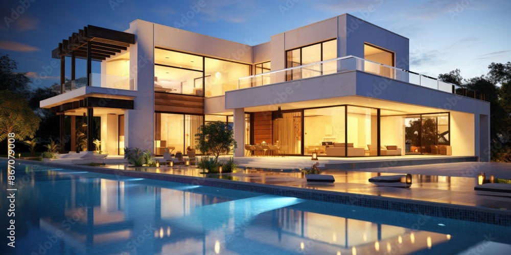 Modern Home with a Swimming Pool at Dusk Modern Home with a Swimming Pool at Dusk