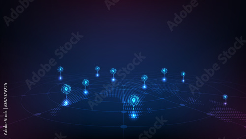GPS tracking map. Track navigation pins with world map. Futuristic navigate mapping.