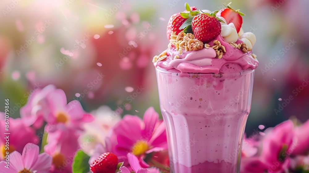 Strawberries smoothies glass cup with topping decoration garden Strawberries smoothies glass cup with topping decoration garden