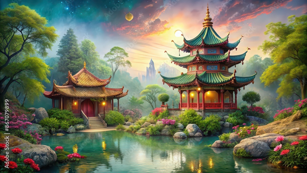 Enchanted little kingdom in a Chinese-inspired fairy tale setting, fairy tale, little kingdom, Chinese, enchanted Enchanted little kingdom in a Chinese-inspired fairy tale setting, fairy tale, little kingdom, Chinese, enchanted