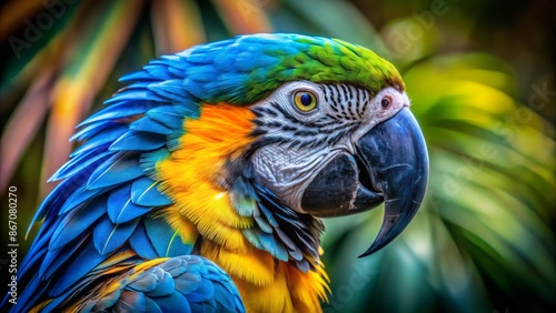 Vibrant blue and bright yellow feathers of a macaw showcasing intricate texture and striking pattern in stunning high-contrast detail. © DigitalArt Max
