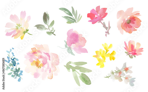 Watercolor floral clipart set with abstract hand painted pink peonies, wildflowers and leaves. Vector files. Elegant floral illustrations for wedding invitations and stationery.