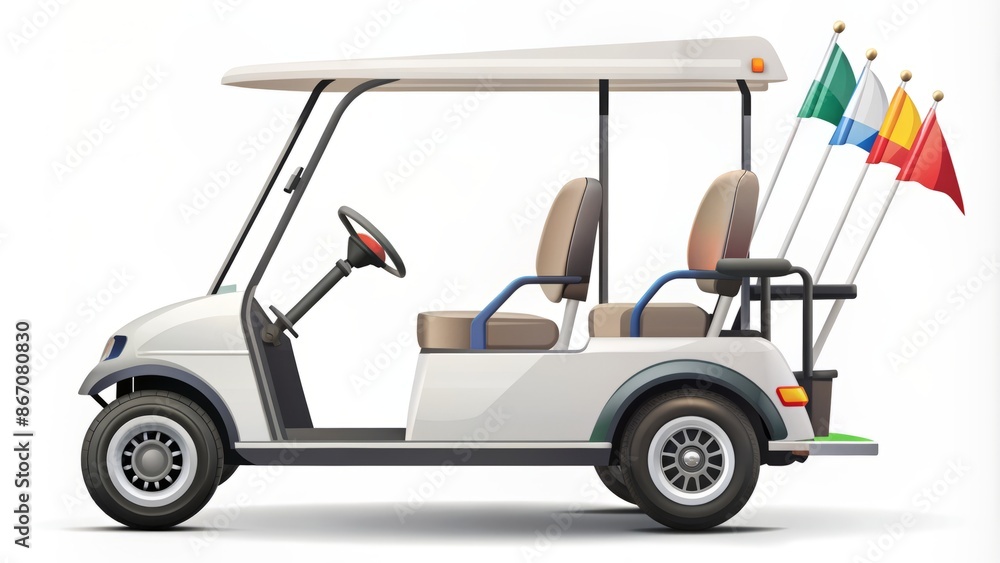 Stylish modern minimalist golf cart illustration on a white background with colorful wheels and flags in a detailed design. Stylish modern minimalist golf cart illustration on a white background with colorful wheels and flags in a detailed design.