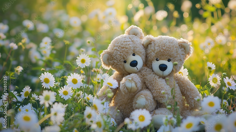 Symbol of love and friendship two toy teddy bears against the backdrop of a summer garden Symbol of love and friendship two toy teddy bears against the backdrop of a summer garden