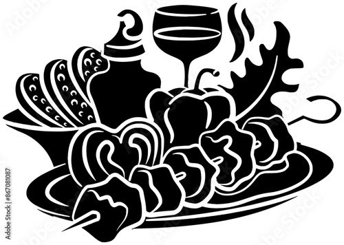 barbecue illustration stick silhouette satay logo grill icon kebab outline bbq grilled skewer meal meat shish food roast cooking shape chicken roasted cook for vector graphic background