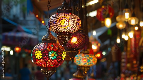 Traditional bright decorative hanging lamps and colourful lights with vivid colours