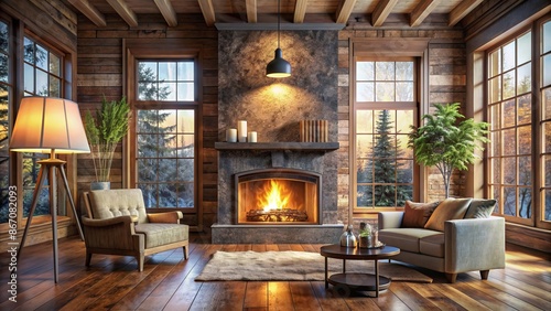 Warm inviting atmosphere permeates vintage house design, featuring realistic 3D illustration of crackling fireplace with burning woods and sleek black marble chimney.