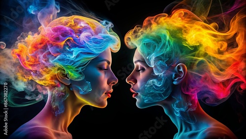 Vibrant, swirling clouds of colorful smoke emanate from two silhouetted profiles, symbolizing the dance of empathetic connection and understanding.