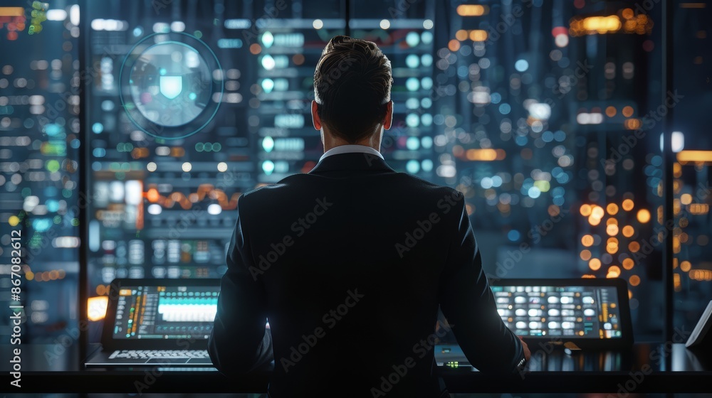 A businessman stands before a large screen filled with data and code, gazing into the digital world. A businessman stands before a large screen filled with data and code, gazing into the digital world.
