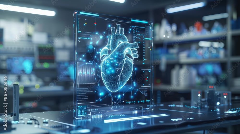 A digital rendering of a human heart with data particles swirling around it, in a futuristic laboratory setting.