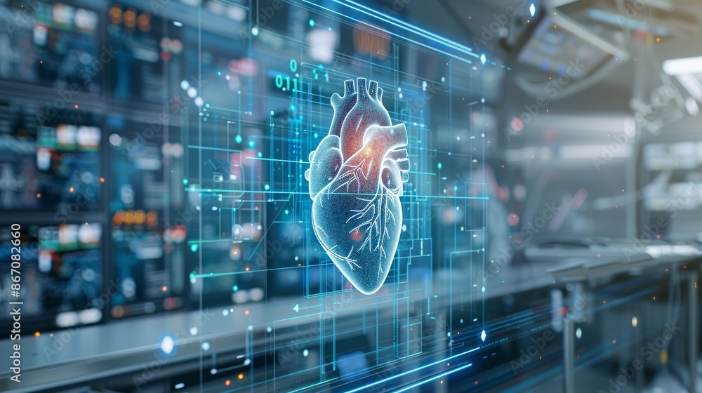A digital representation of a human heart with medical data displayed on a screen in a hospital setting. A digital representation of a human heart with medical data displayed on a screen in a hospital setting.