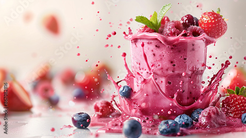 Hyper-realistic splash of pink smoothie with droplets, isolated on white