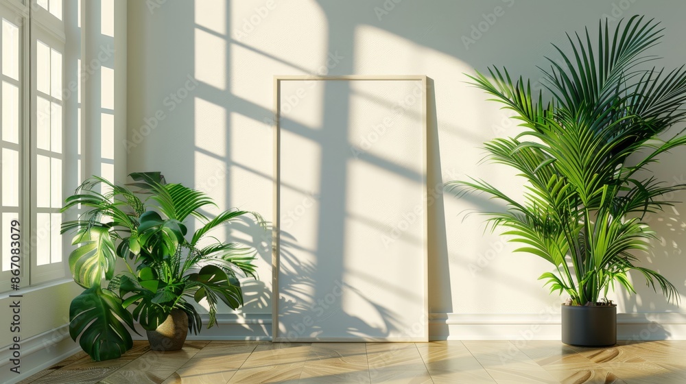 Fototapeta premium Bright Room with Houseplants and Empty Frame - Generative AI