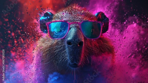 adorable capibara wear sunglasses with powder splash background photo