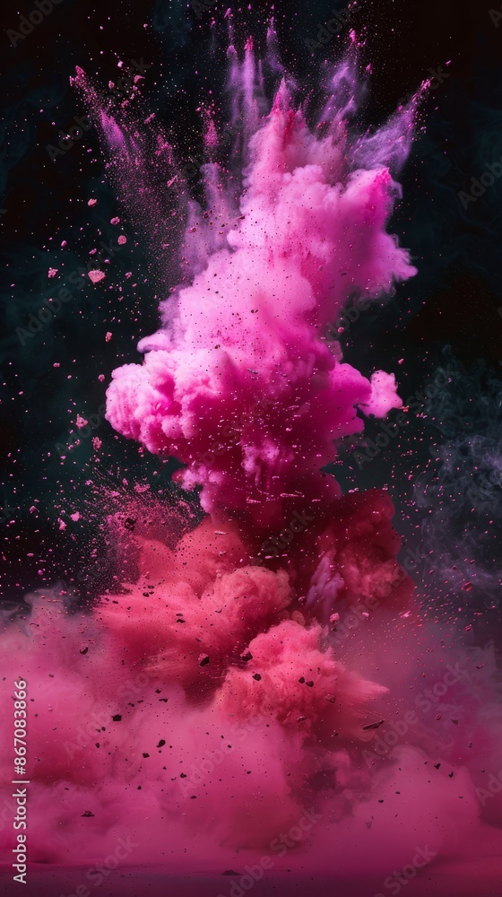 Powerful explosion of magenta colored dust, black background, professional color grading. Beautiful abstract background. Powerful explosion of magenta colored dust, black background, professional color grading. Beautiful abstract background.
