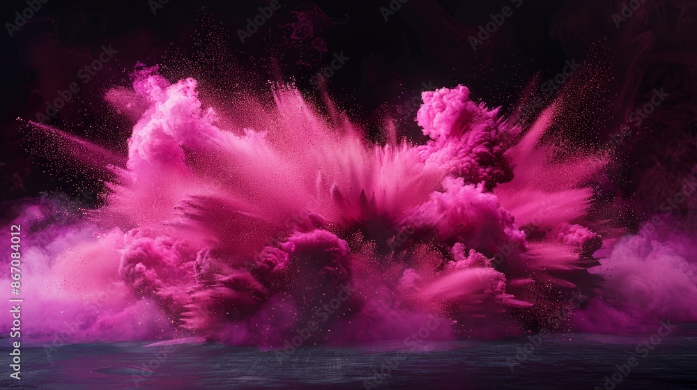 Powerful explosion of magenta colored dust, black background, professional color grading. Beautiful abstract background. Powerful explosion of magenta colored dust, black background, professional color grading. Beautiful abstract background.