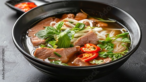 Vietnamese pho noodle soup with variety of meat and vegetables