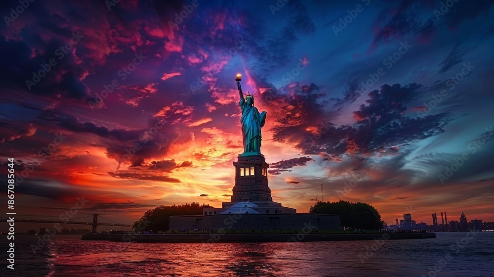 A statue of liberty is lit up against a beautiful sunset A statue of liberty is lit up against a beautiful sunset