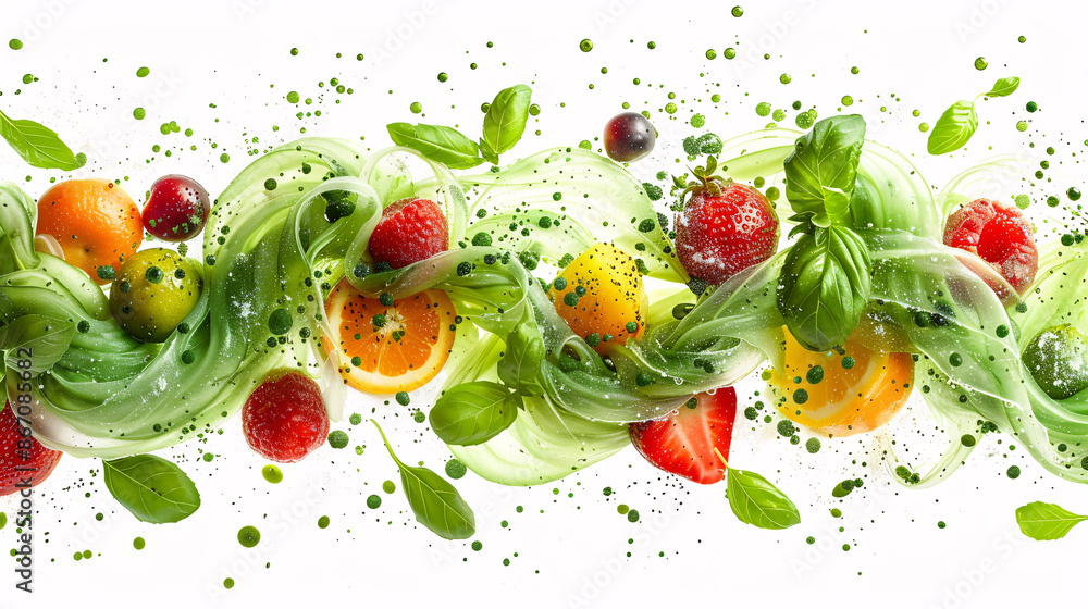 Organic green wave with yogurt and fruit elements, isolated on white background Organic green wave with yogurt and fruit elements, isolated on white background