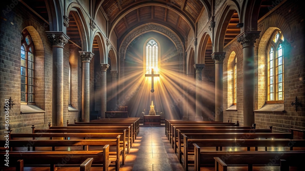 Fototapeta premium Dramatic, dimly lit, empty church interior with a single ray of light shining down, symbolizing divine connection and intense emotional release.