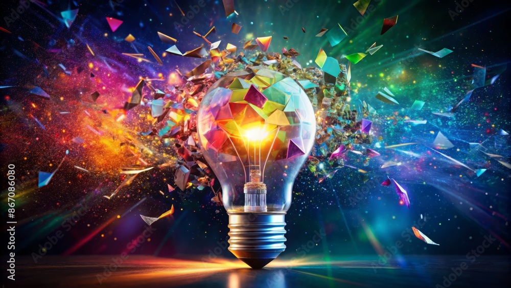 Vibrant colorful shards and paint radiate from a shattered light bulb, symbolizing innovative ideas, creative explosions, and groundbreaking discovery. Vibrant colorful shards and paint radiate from a shattered light bulb, symbolizing innovative ideas, creative explosions, and groundbreaking discovery.