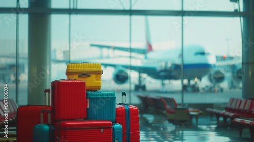 Colorful luggage stacked at an airport terminal with airplane in the background - Generative AI photo