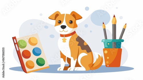 dog, paintbrush, collection, Isolated illustration of paintbrush collection on white background, with dog sitting nearby, and paint palette nearby photo