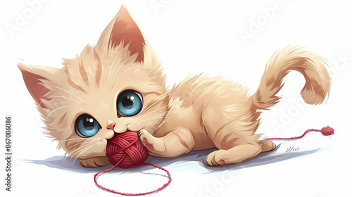a white kitten with blue eyes and a pink nose plays with a red ball of yarn, while its long tail wags in the background photo