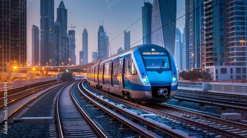 Modern Urban Train in Futuristic Cityscape at Dusk - Generative AI
