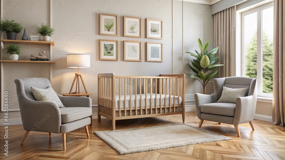 Serenely decorated modern nursery features wooden crib, gray armchair, beige rug, light beige walls, and three framed art pieces. Serenely decorated modern nursery features wooden crib, gray armchair, beige rug, light beige walls, and three framed art pieces.