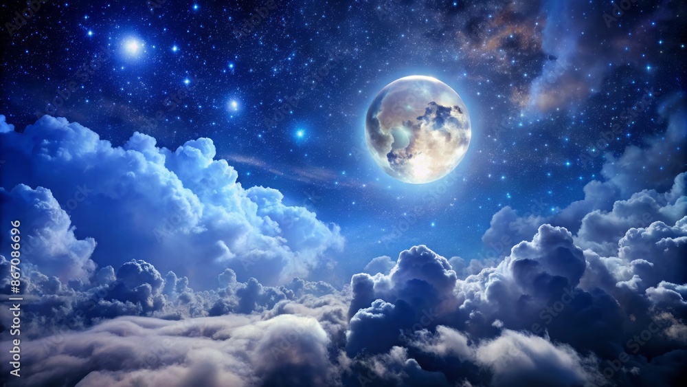 Magnificent night sky with bright full moon casting gentle light on fluffy white clouds drifting across star-studded dark blue heavens. Magnificent night sky with bright full moon casting gentle light on fluffy white clouds drifting across star-studded dark blue heavens.
