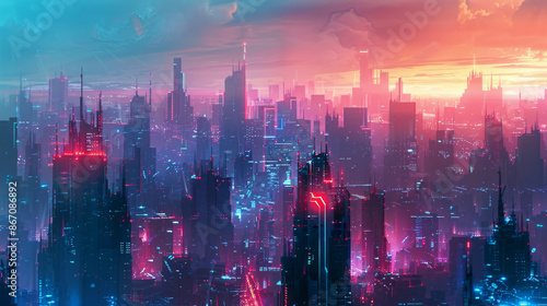 A futuristic city skyline at twilight, with buildings outlined in neon colors transitioning from crimson to burnt orange and indigo. The sky blends from evening blue to shades of purple and pink,  © PhotoRK