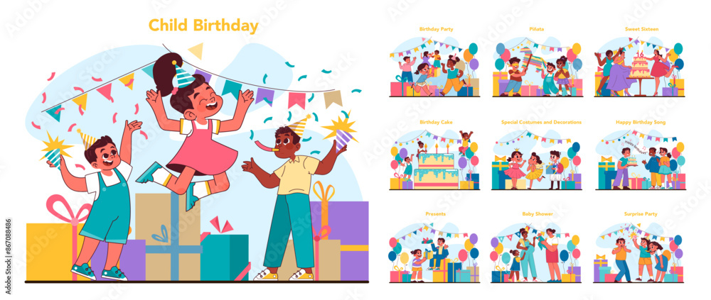 Child birthday set. Flat vector illustration Child birthday set. Flat vector illustration