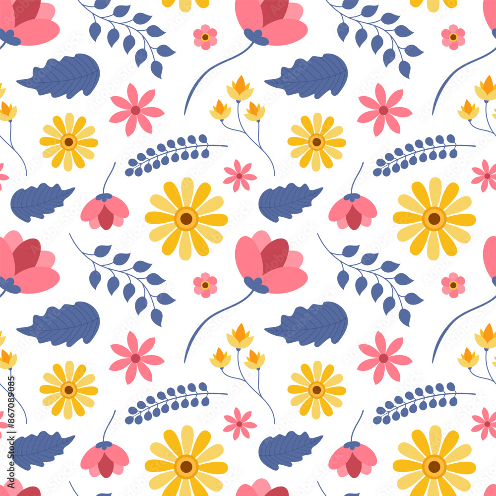 Floral Seamless Pattern Design Illustration with Blooming Branches and Leaf Flower in Hand-Drawn Cartoon Style Template Floral Seamless Pattern Design Illustration with Blooming Branches and Leaf Flower in Hand-Drawn Cartoon Style Template