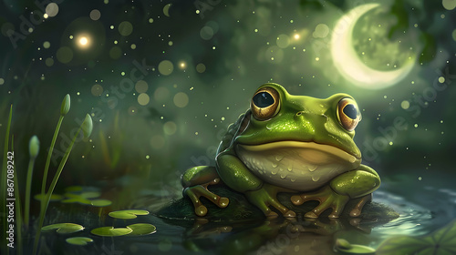 a green frog with a black eye sits on a rock in the water, its reflection visible below © cOmbEt