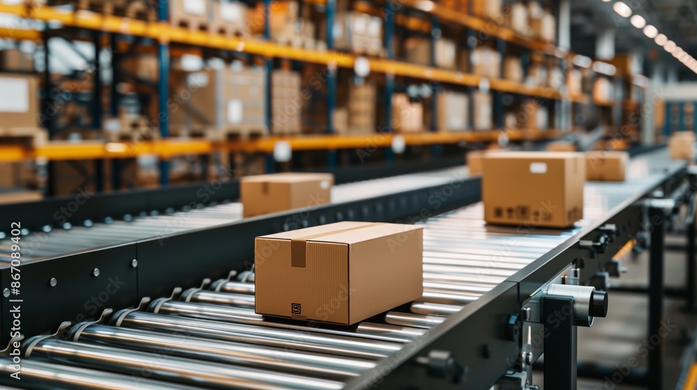 Cardboard Boxes on Conveyor Belt in Modern Warehouse Cardboard Boxes on Conveyor Belt in Modern Warehouse