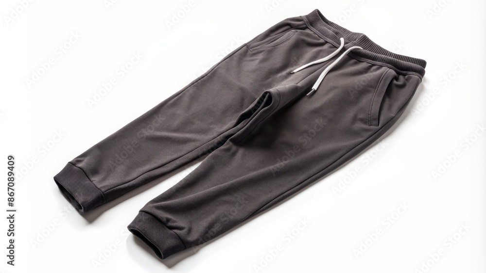Folded black sweatpants with elastic waistband on a white background, highlighted by subtle shadows, showcasing soft fabric and casual style. Folded black sweatpants with elastic waistband on a white background, highlighted by subtle shadows, showcasing soft fabric and casual style.