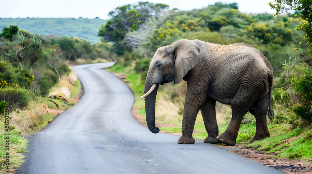 Obraz premium Majestic Elephant Strolling Along a Paved Road in a Lush Tropical Landscape with Verdant Foliage and Scenic Vistas