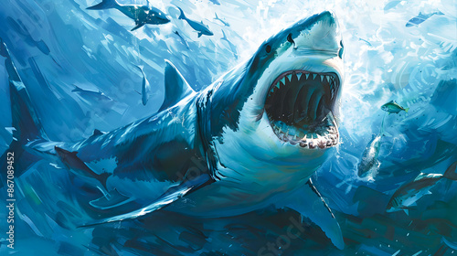 Fierce white shark with open mouth hunting and attacking its fish prey in the deep blue waters of the ocean  A powerful aggressive predator in its natural marine environment photo