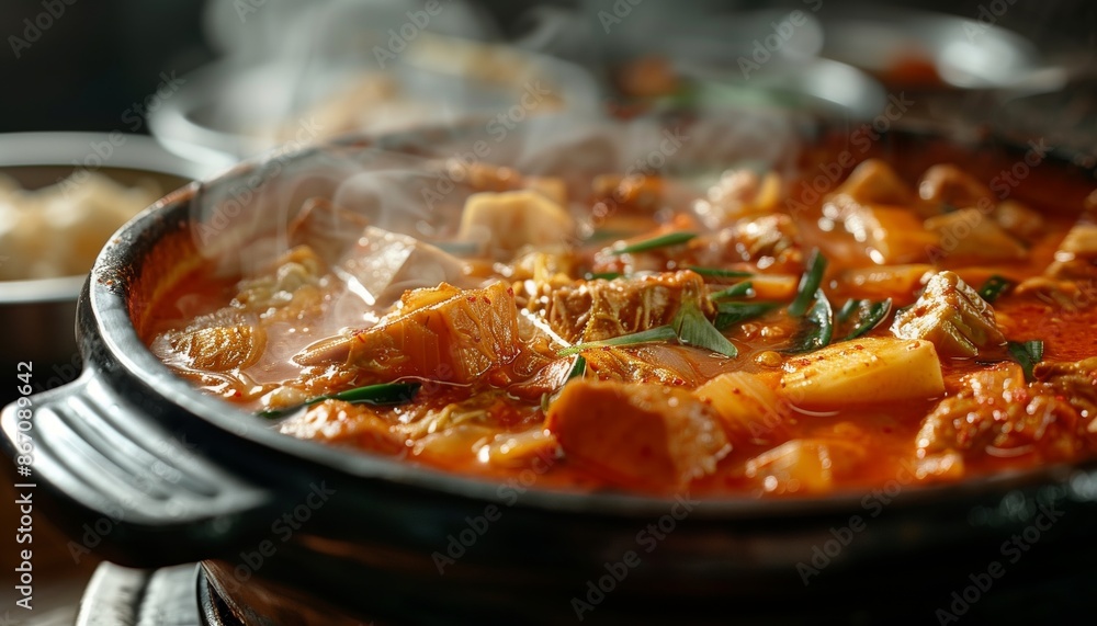 Fototapeta premium Kimchi Jjigae A spicy Korean soup made with kimchi, pork and tofu
