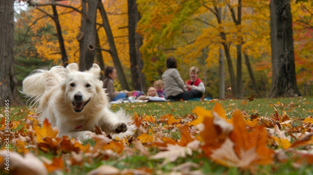 A playful dog chases leaves in the background as a family enjoys their picnic. A playful dog chases leaves in the background as a family enjoys their picnic.