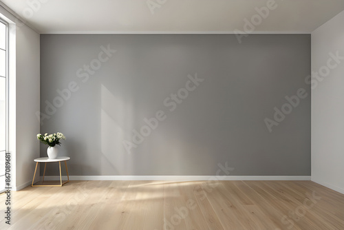 Empty minimalist room with gray wall on background on wooden stool photo