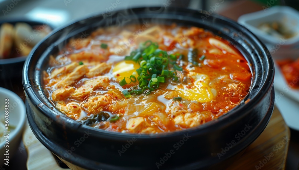 Kimchi Jjigae A spicy Korean soup made with kimchi, pork and tofu Kimchi Jjigae A spicy Korean soup made with kimchi, pork and tofu