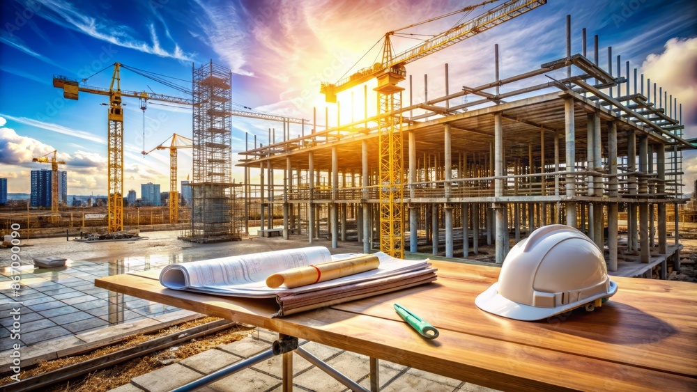 Naklejka premium Construction site with crane and scaffolding amidst concrete and steel framework, blueprints and hard hat lying on a table.