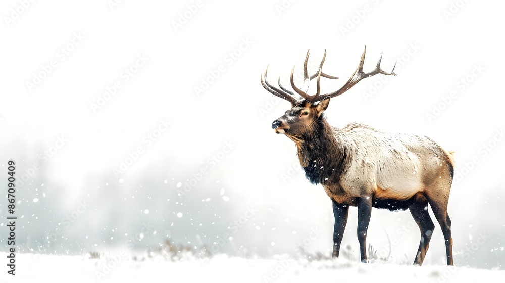 Majestic Elk Standing in Snowy Landscape with Impressive Antlers on White Background Majestic Elk Standing in Snowy Landscape with Impressive Antlers on White Background