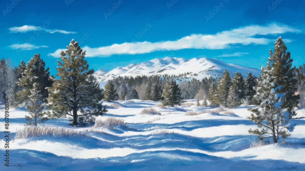 Snow covered winter landscape with pine trees and a mountain backdrop, clear blue sky Snow covered winter landscape with pine trees and a mountain backdrop, clear blue sky